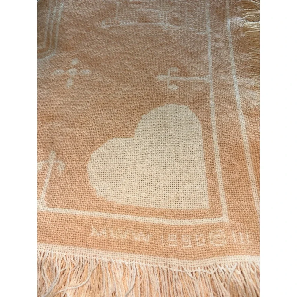 Vintage 1990 Tapestry Throw Cottagecore Peach Cream Houses Hearts Granny Mom